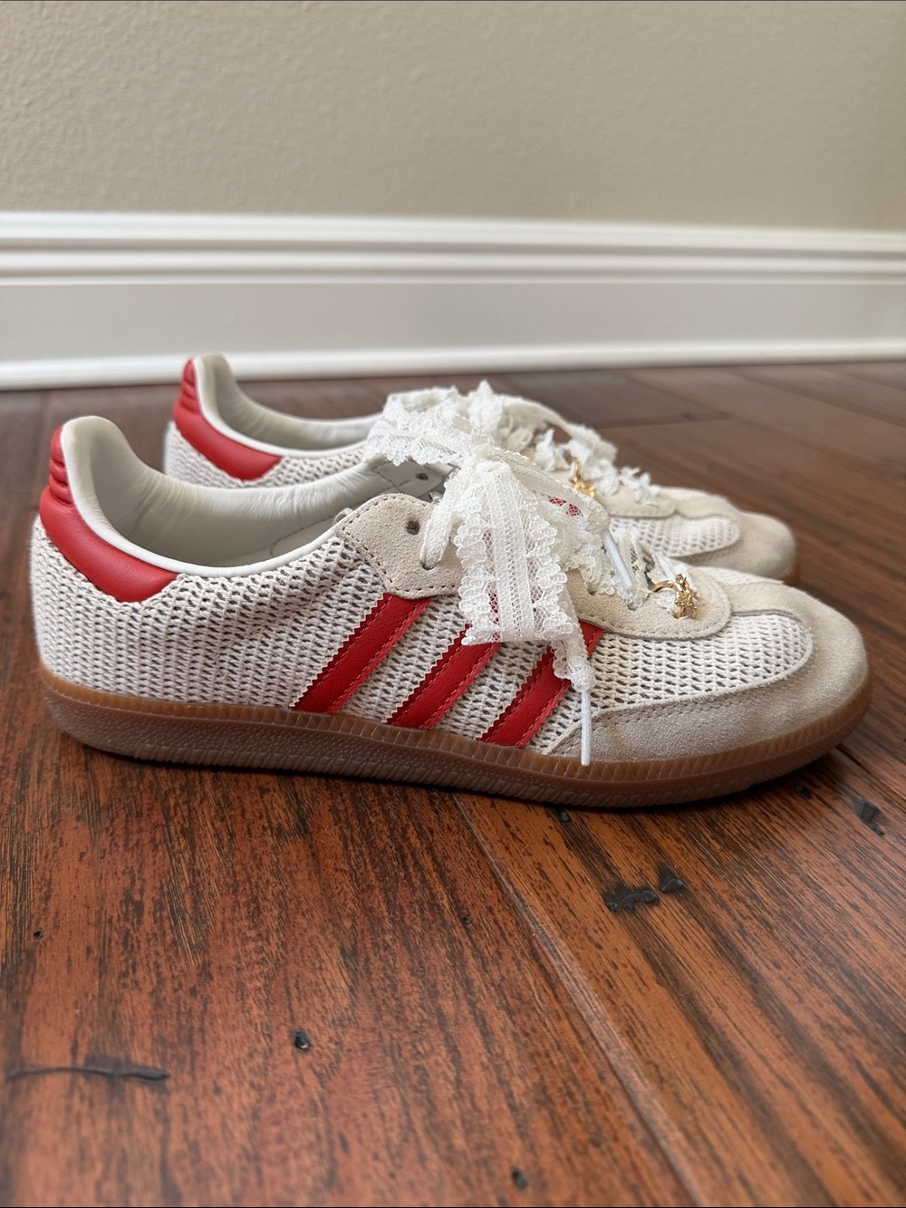 adidas samba White Mesh Sneakers with Red Stripes